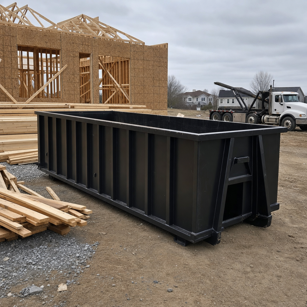 Matte-black 40-yard roll-off dumpster staged on a framed-out residential construction site in Hackettstown, framing lumber stacked nearby, hooklift delivery truck visible in the background under bright Colorado daylight