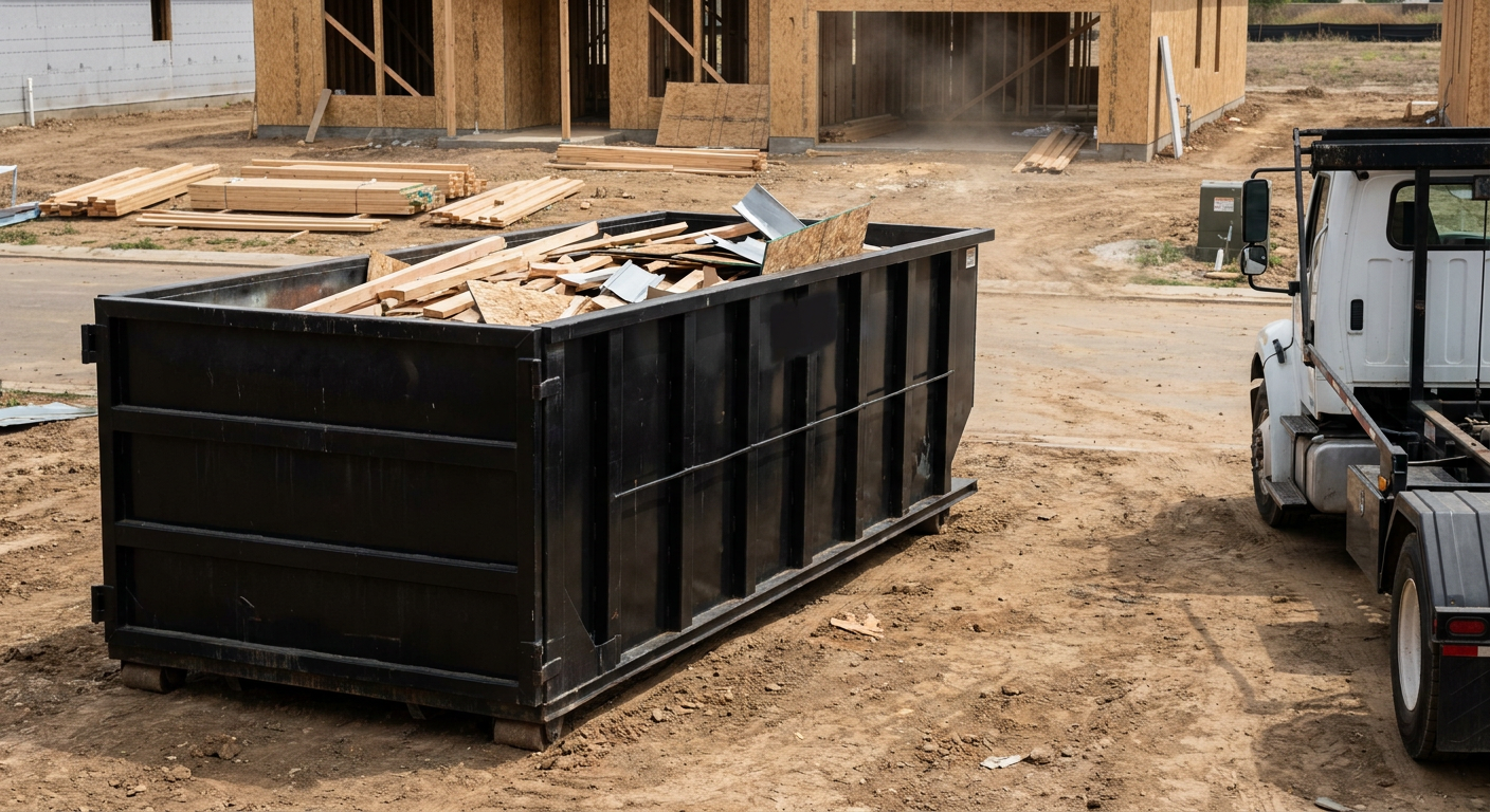 Matte-black 20-yard roll-off construction dumpster with heavy ribbed steel sidewalls and swing rear doors at a working jobsite in Hackettstown, sitting directly on compacted dirt with an unmarked white hauler partially visible at the far edge of the frame.