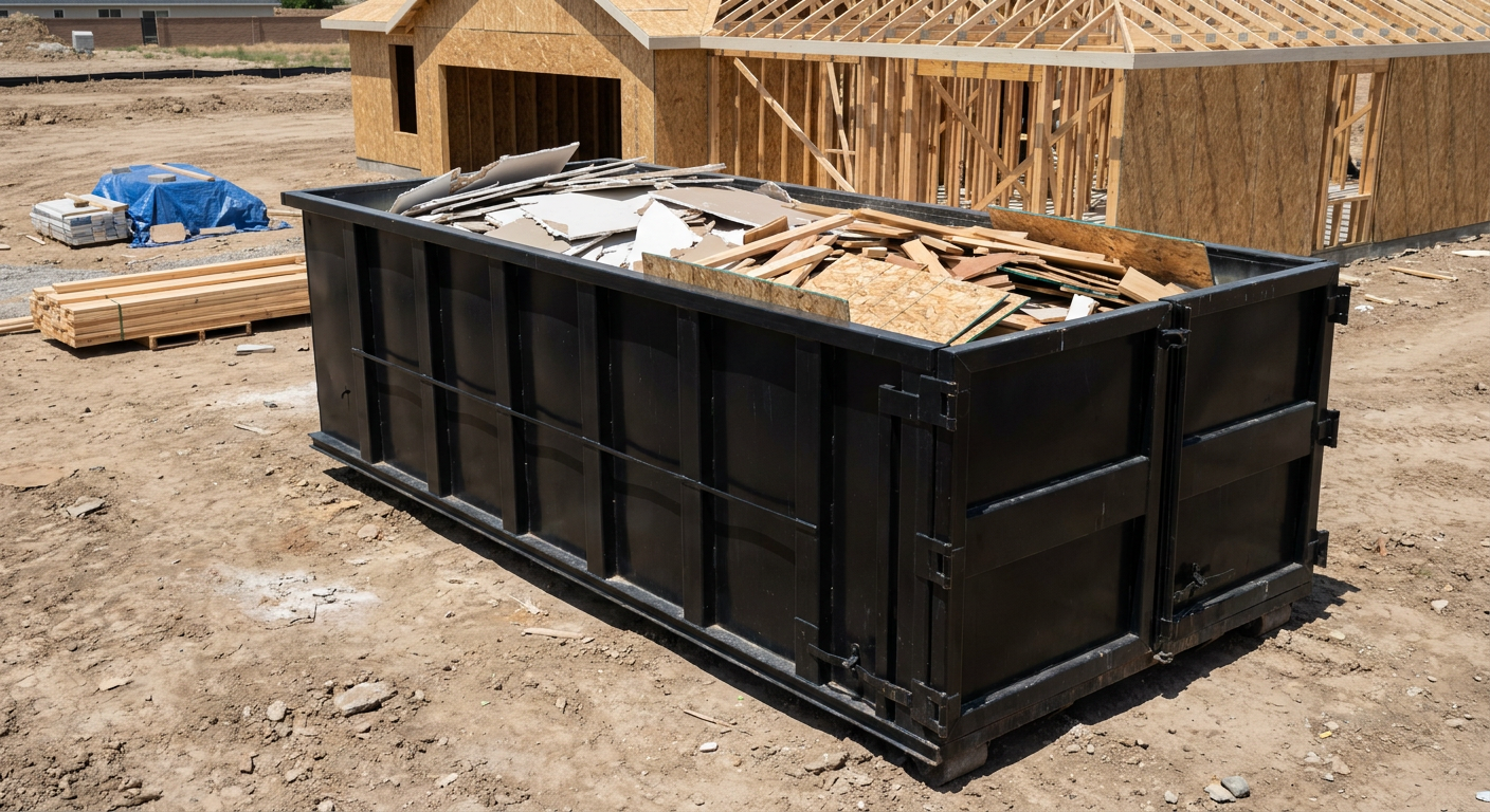 Matte-black 30-yard roll-off construction dumpster sitting directly on the compacted-dirt site of a framed single-family home build in Hackettstown, drywall and lumber scrap loaded inside.