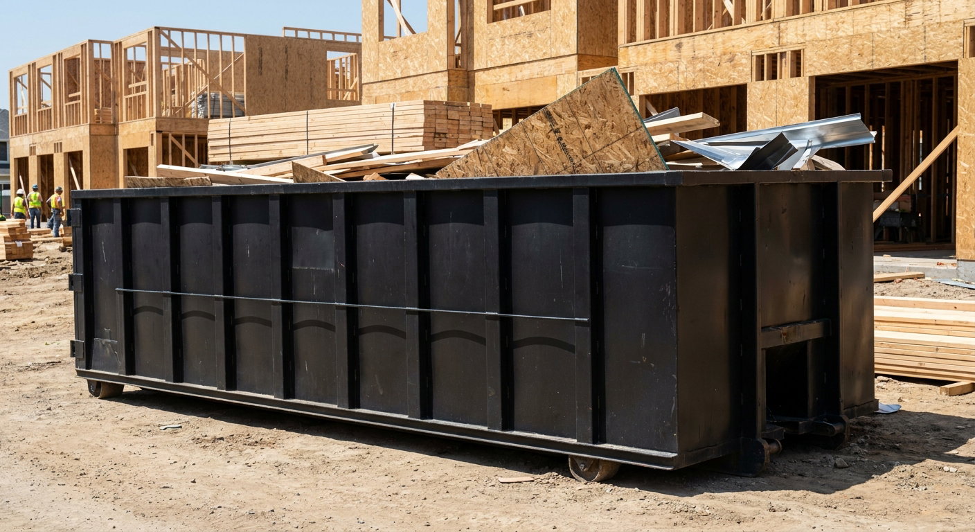 Matte-black 40-yard roll-off construction dumpster being lowered from a white-cab hooklift delivery truck onto the compacted-dirt jobsite at a commercial build site in Hackettstown