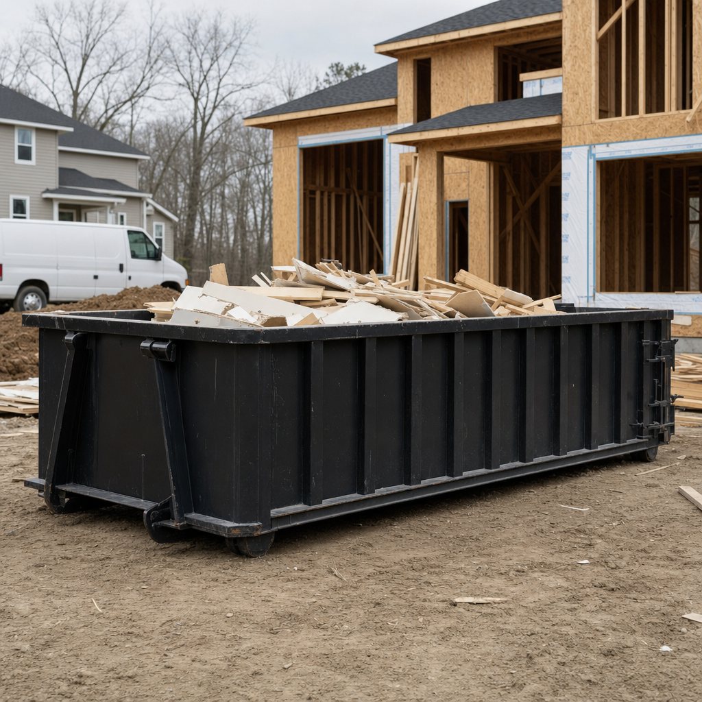 Worker in a yellow high-visibility vest tossing framing lumber and broken drywall into a matte-black 30-yard construction roll-off dumpster on an active build site in Hackettstown, bright daylight