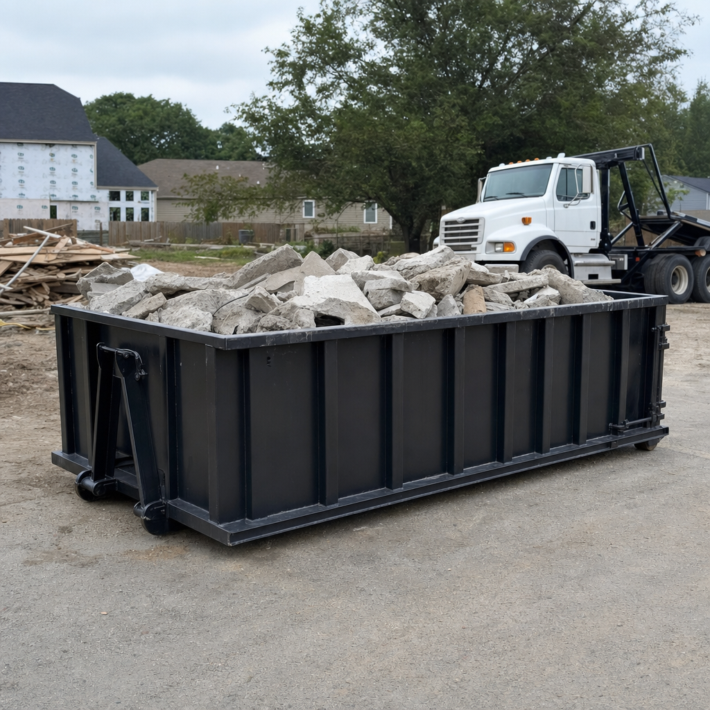 Low-profile matte-black lowboy roll-off dumpster loaded with broken concrete slab and rebar at a foundation tear-out in Hackettstown, skid steer parked beside it, sunny Colorado morning