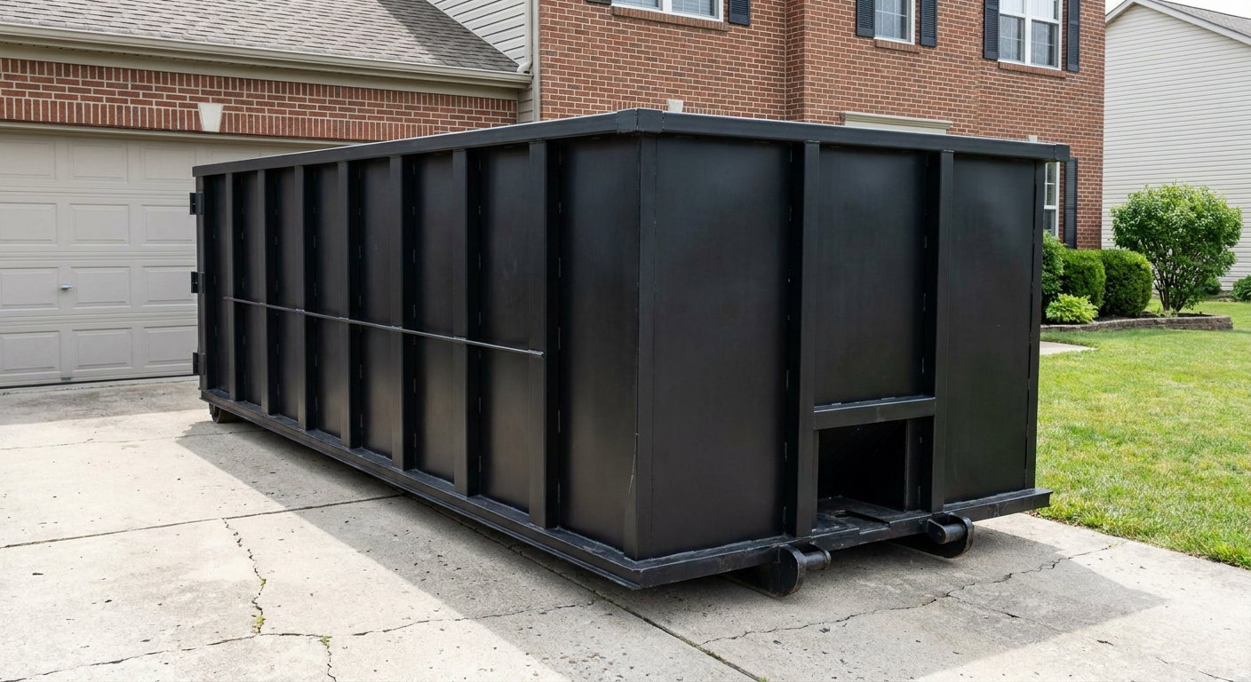 Matte-black 20-yard roll-off container on a Hackettstown residential concrete driveway with reinforced ribbed steel sidewalls and a hinged rear walk-in door, clean bright daylight.