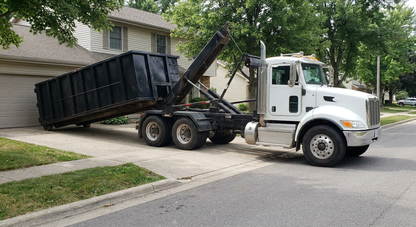 White-cab hooklift roll-off truck actively lowering a matte-black dumpster onto a Hackettstown residential concrete driveway, the dumpster's rear wheels touching the driveway as the hoist arm tilts the bed forward, mid-morning daylight.