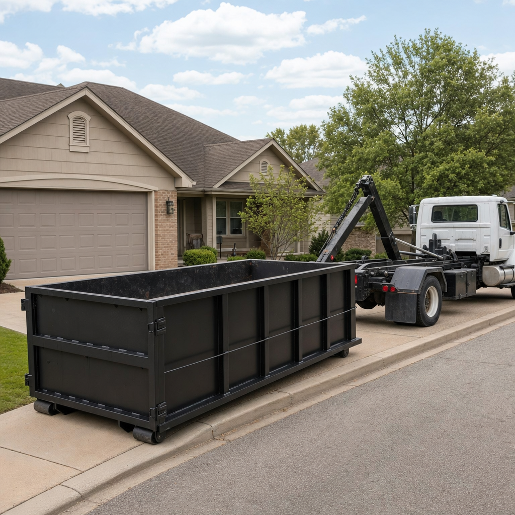 Wide documentary shot of a matte-black roll-off dumpster on a Hackettstown residential driveway in the foreground and a contractor jobsite container in the soft-focus background, bright daylight, calm and orderly composition.
