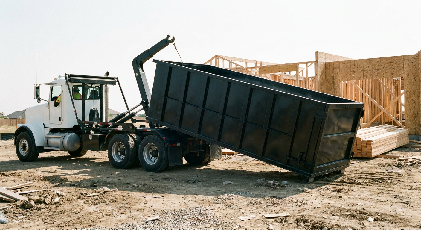 Matte-black roll-off dumpster being delivered onto a clean residential concrete driveway in Hackettstown by an unmarked white hooklift hauler truck, bright morning daylight, documentary 35mm perspective.