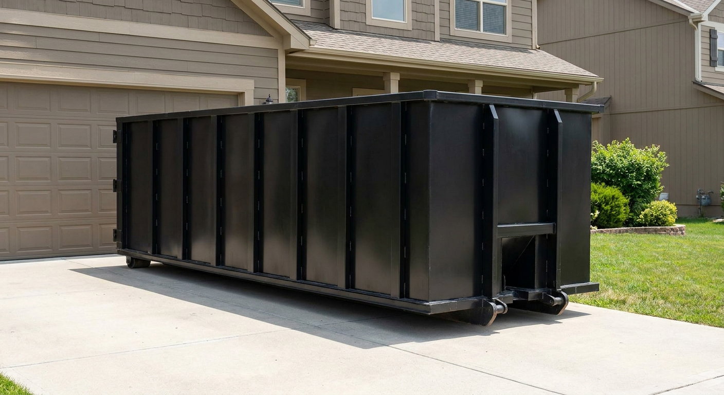 Matte-black residential roll-off dumpster sitting directly on a suburban Hackettstown concrete driveway, garage door closed, single-family home in background, bright morning daylight.