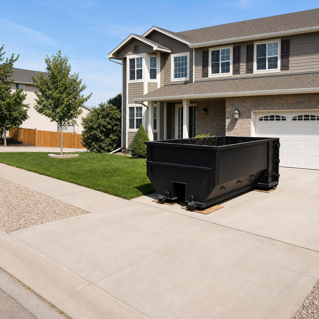 10-yard matte-black residential dumpster placed directly on a narrow Hackettstown concrete driveway, room remains for a parked sedan beside it, mid-morning natural light