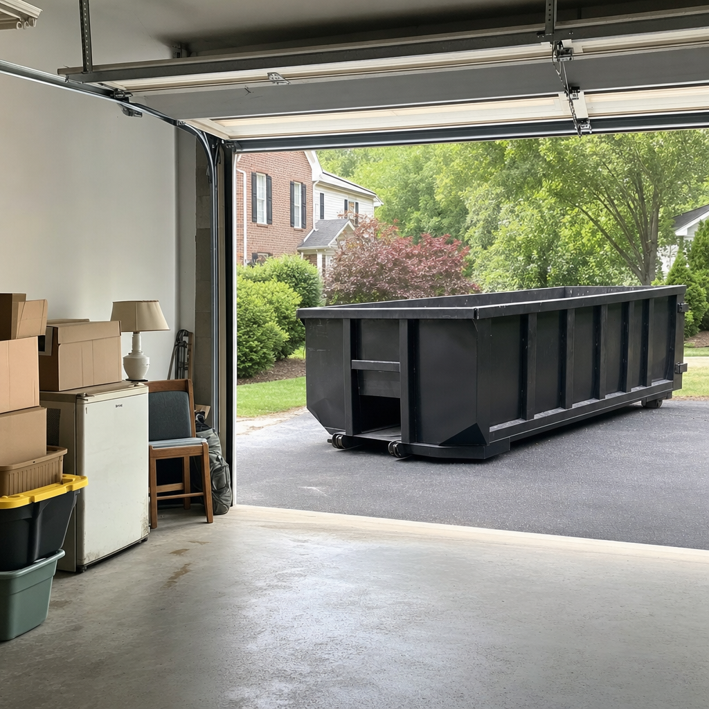 Open garage interior in a Hackettstown home mid-cleanout — boxed items, an old appliance, and stacked yard tools queued near the driveway for a matte-black roll-off dumpster, organized and calm