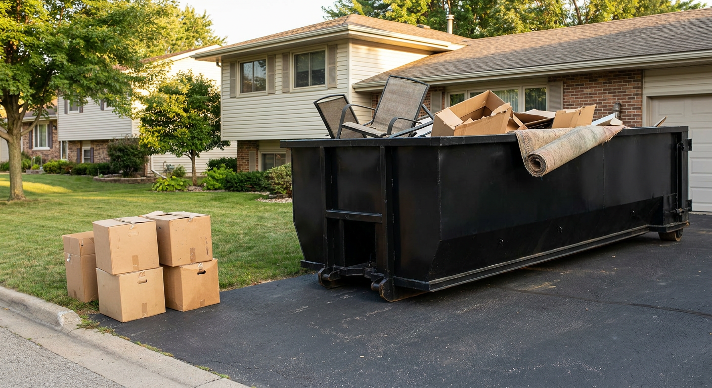 Front-yard view of a Hackettstown split-level home with a 20-yard matte-black roll-off dumpster sitting directly on the asphalt driveway, a few clearly labeled donation boxes staged at the curb, calm sunny afternoon.