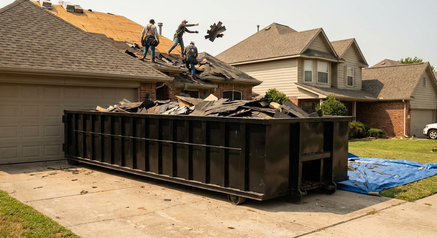 Matte-black roofing roll-off dumpster placed directly on a Hackettstown residential concrete driveway, a tear-off crew on a two-story asphalt-shingle roof tossing shingle bundles into the low-walled container, bright daylight, documentary 35mm perspective.
