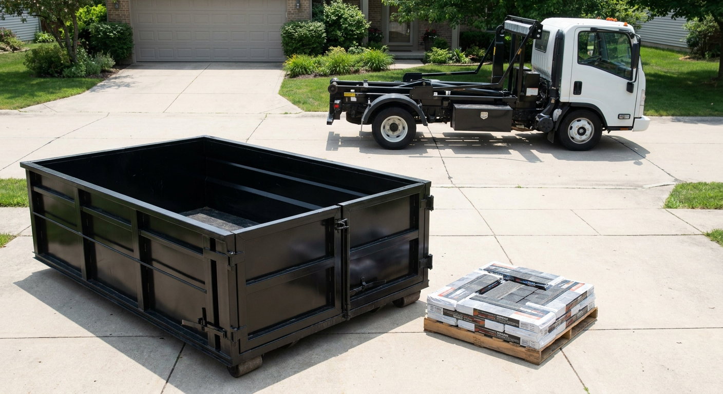 Matte-black 15-yard roofing roll-off dumpster with reinforced low side walls sitting directly on a Hackettstown residential concrete driveway, three-tab asphalt shingle bundles stacked nearby, an unmarked white hauler truck partially visible at the edge of the frame.
