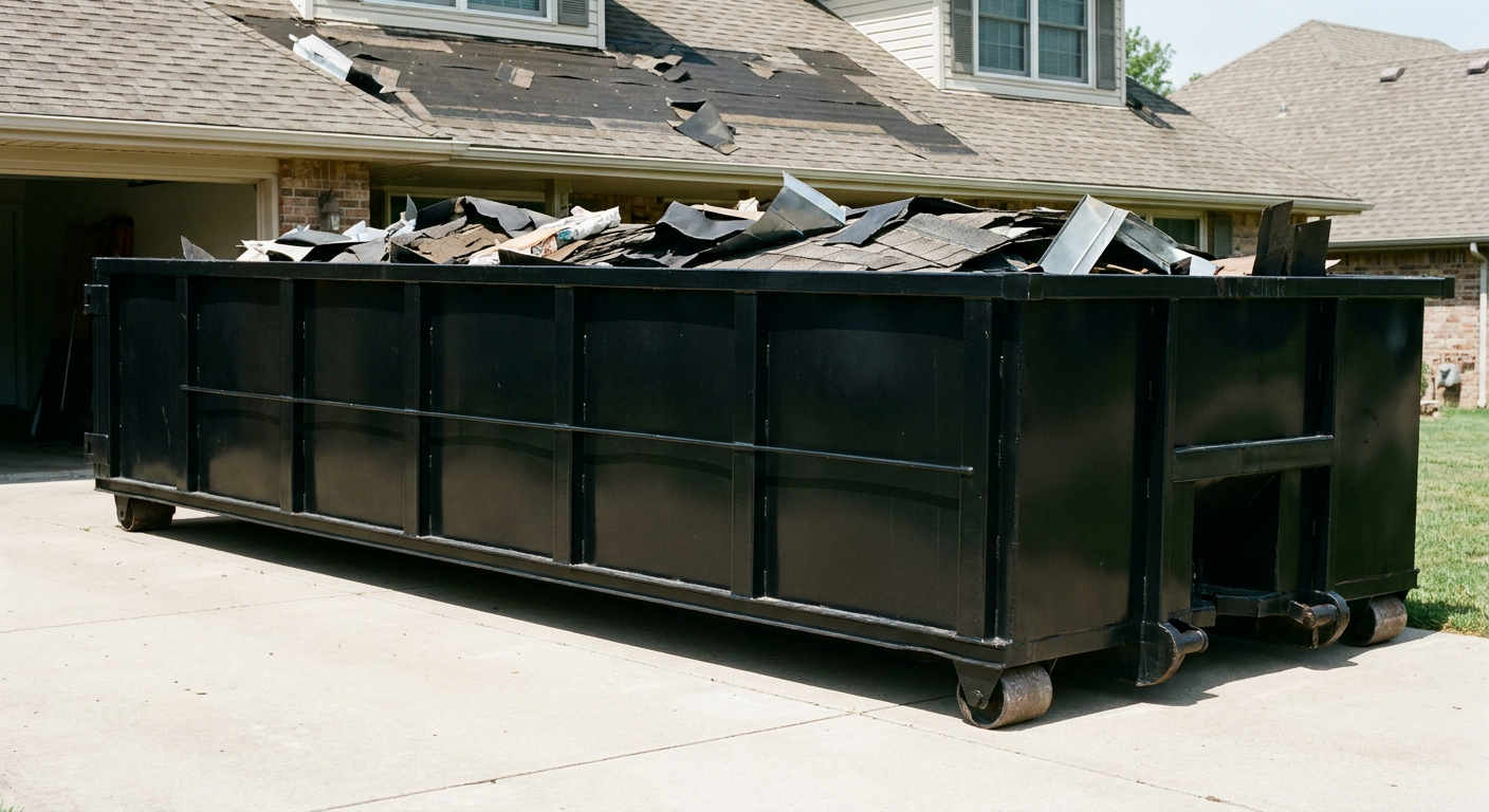 Matte-black 20-yard roofing roll-off dumpster with steel ribbed sides and swinging rear door, sitting directly on the concrete driveway of a two-story Hackettstown home, asphalt shingle debris being loaded over the low wall, clean documentary lighting.