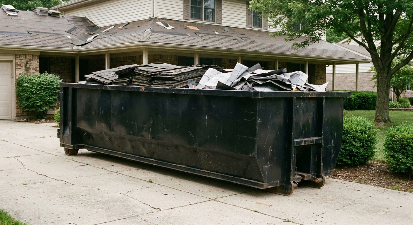 Matte-black 30-yard roofing roll-off dumpster sitting directly on a Hackettstown concrete driveway, taller ribbed steel side panels, mixed tear-off debris of asphalt shingles and underlayment inside, professional documentary daylight.