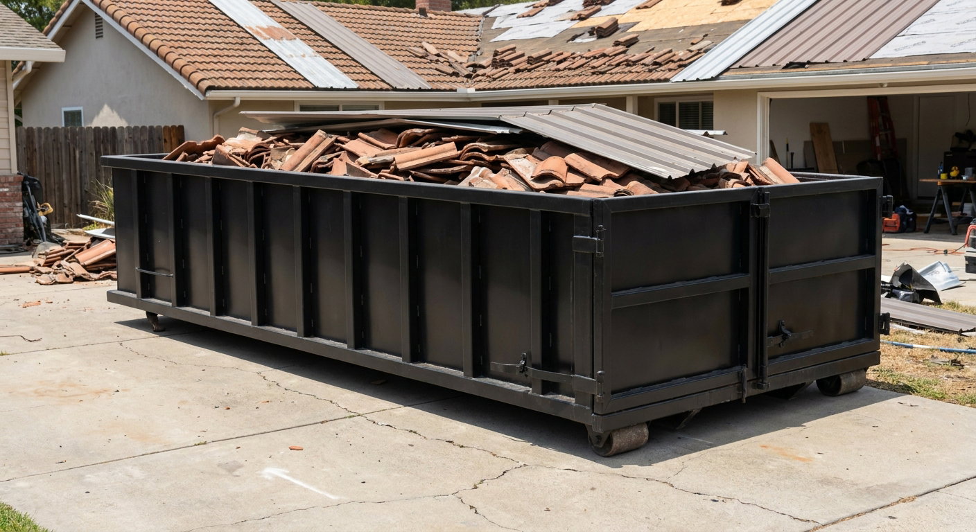 Matte-black low-wall heavy-debris roofing roll-off dumpster sitting directly on a Hackettstown concrete driveway, broken concrete clay roof tiles and metal panel sections loaded inside, reinforced ribbed steel side walls visible, bright outdoor daylight.