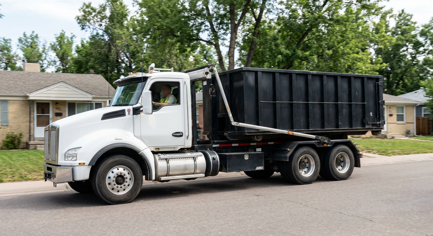 A wide documentary shot of a matte-black roll-off delivery truck pulling onto a quiet Hackettstown residential street at mid-morning, with neighborhood rooftops and tree-lined blocks visible behind, showing the metro coverage footprint.