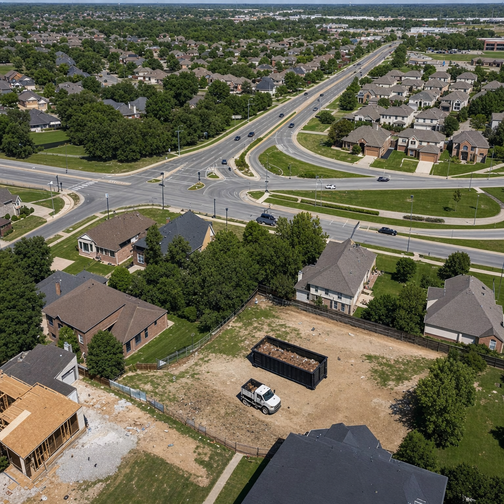 An overhead documentary view of the Hackettstown metro area at midday, showing the spread of neighborhoods, arterial roads, and the dispatch radius from a central yard — clean daylight, organized geographic layout.