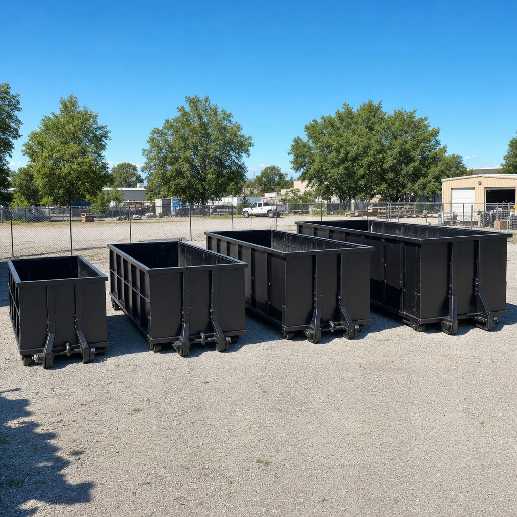 A clean lineup of matte-black roll-off dumpsters in 10, 20, 30, and 40-yard sizes staged on a sunlit gravel yard in Hackettstown, showing the size progression from compact to commercial-scale containers.