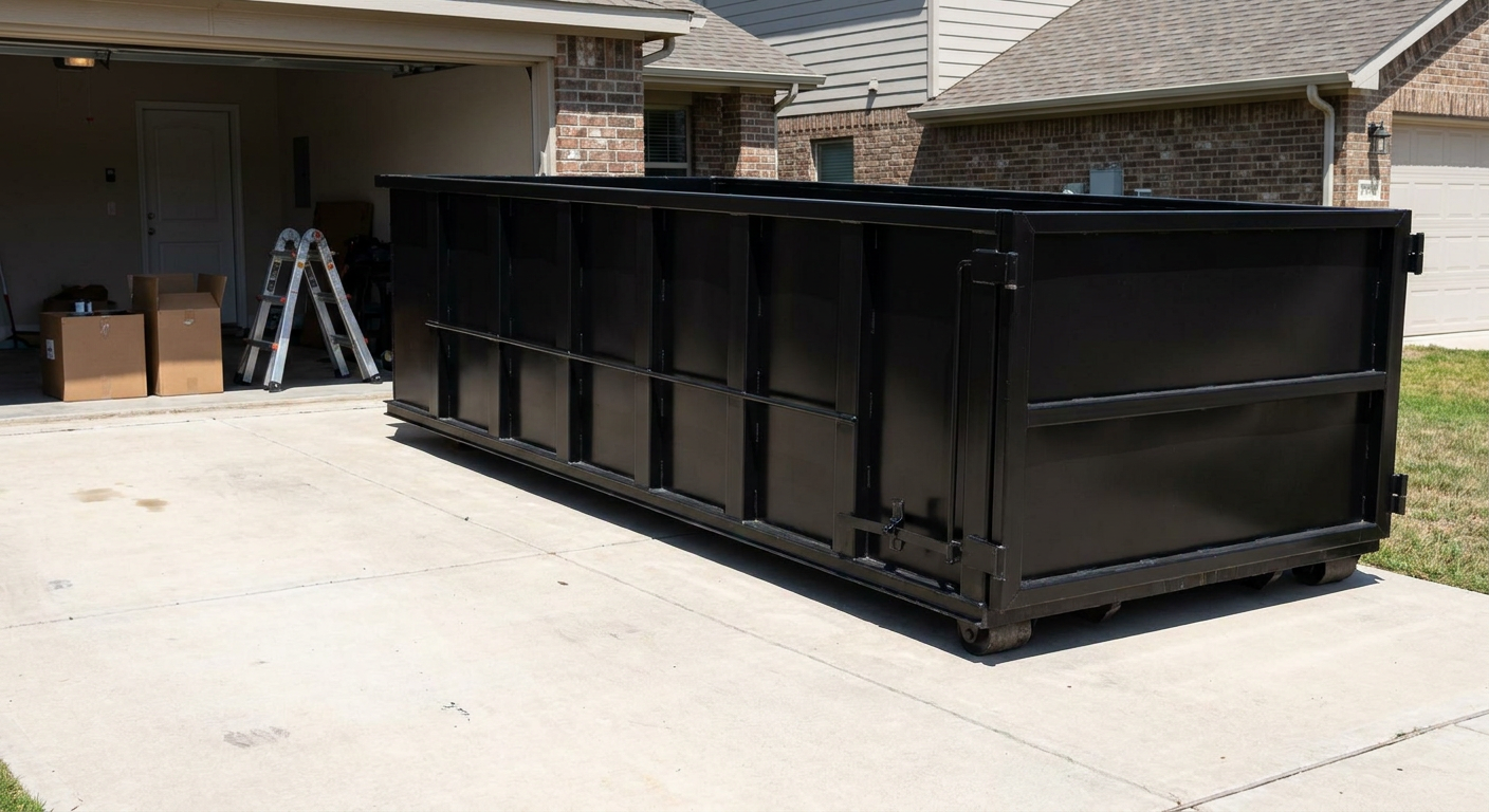 A matte-black 10-yard roll-off dumpster sitting directly on a residential Hackettstown concrete driveway, mid-day sunlight, clean and ready for a garage cleanout.