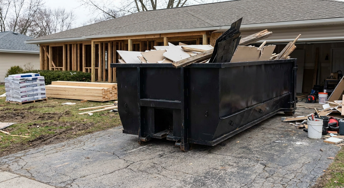 A matte-black 20-yard roll-off dumpster placed alongside a mid-renovation Hackettstown home directly on the asphalt driveway, with framing materials and torn-off shingles staged neatly nearby.