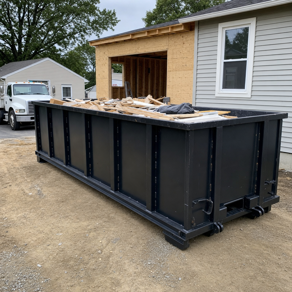 A matte-black 30-yard roll-off dumpster positioned at a Hackettstown residential addition jobsite, with framing lumber and drywall scraps loaded through the open swinging rear doors.