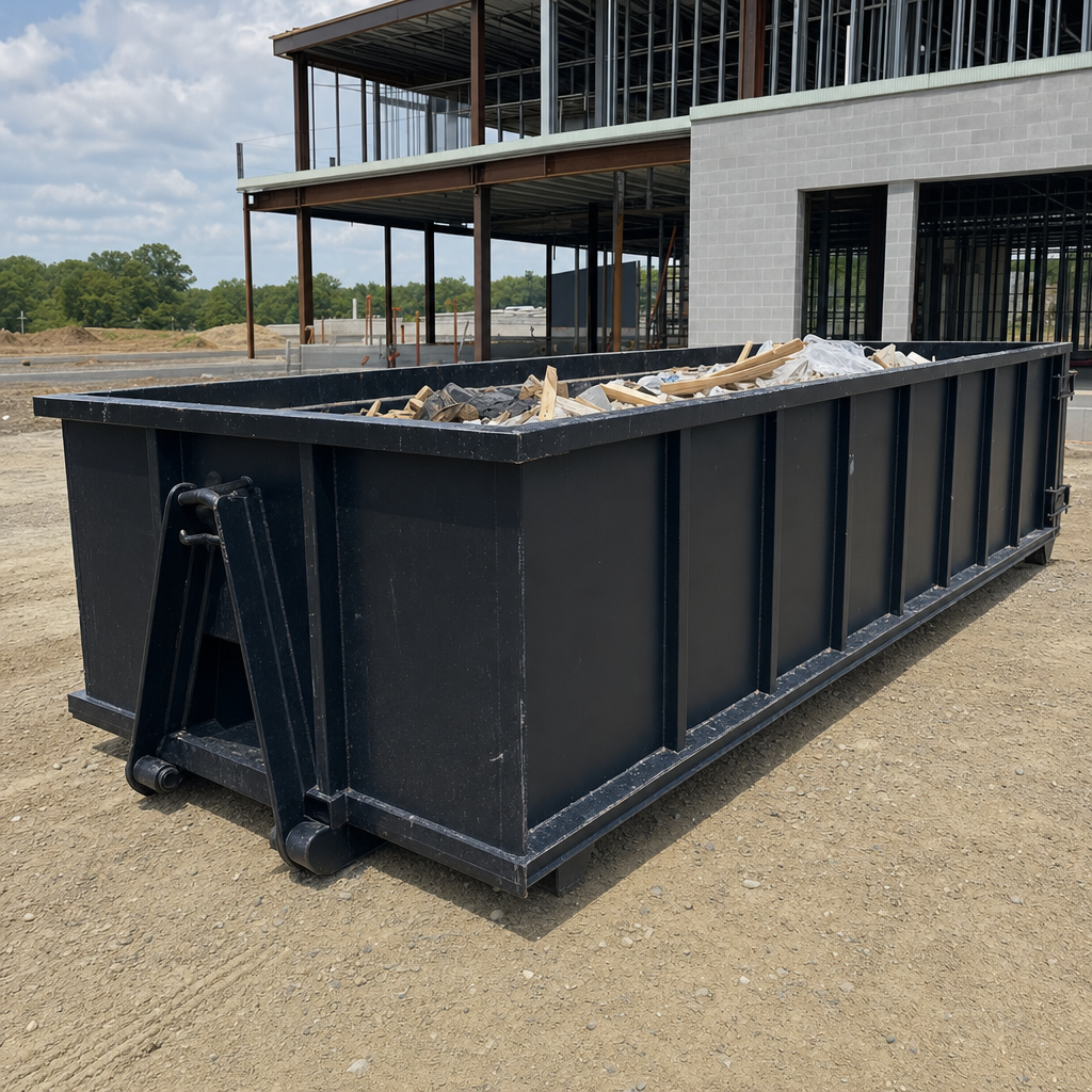 A matte-black 40-yard roll-off dumpster staged on a large Hackettstown commercial construction lot, with a hooklift delivery truck parked alongside under bright midday sky.