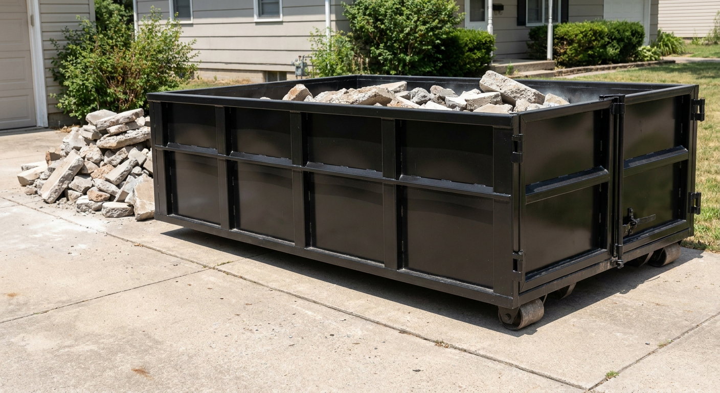 A matte-black low-side heavy-debris roll-off dumpster placed directly on a Hackettstown concrete driveway, with broken concrete chunks neatly stacked beside it under clean daylight.